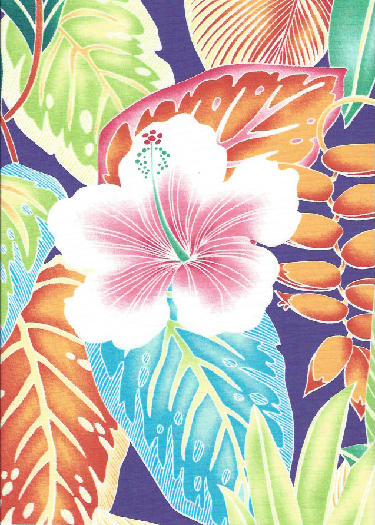 Welina - Barkcloth Hawaii Fabrics - Vintage Style Hawaiian Fabrics. Tropical Hawaiian stylized hibiscus, heliconia, and multi-colored leaves. a cotton apparel fabric.