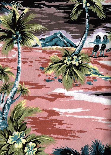 14 isles Tropical Hawaiian Vintage Hula Girls, Diamond Head, palm trees, scenic print - on a cotton Hawaiian apparel fabric.