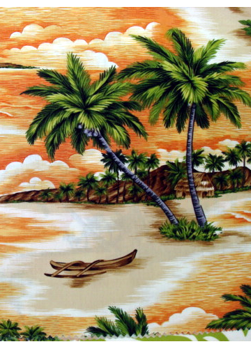 14Uakea - Barkcloth Hawaii Fabrics - Vintage Style Hawaiian Fabrics
 Tropical Hawaiian scenic print ona cotton poplin apparel fabric.
.