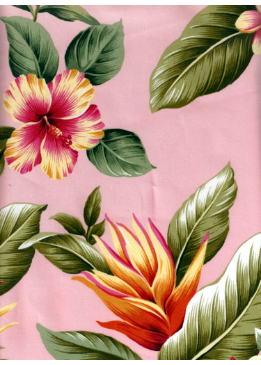14wehi Tropical Botanical Vintage Hawaiian Fabric Hibiscus & bird of paradise, plumeria flowers, vintage apparel style fabric.