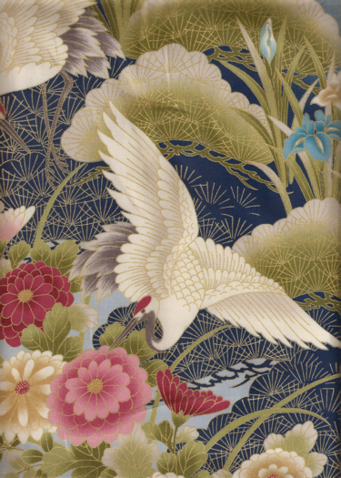 Gold-lined cranes, chrysanthemums, sakura (cherry blossoms), leaves, Japanese yew trees and leaves.