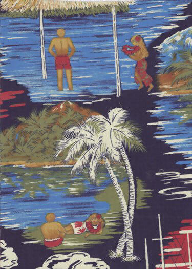 20hiapo Tropical Hawaiian hula, landscape, apparel rayon, Hawaiian vintage style fabric.