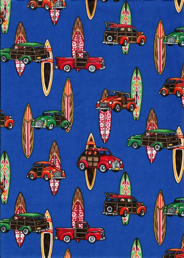 20luana Tropical Hawaiian Blue, Woodies, woody cars & surfboards tropical apparel cotton Hawaiian vintage style fabric.