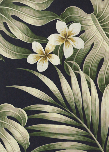  Tropical Botanical Vintage Hawaiian Fabric.
			Cotton Poplin, 44/45 inch Wide, All-Over. naholo
 and palm fronds with plumeria flowers