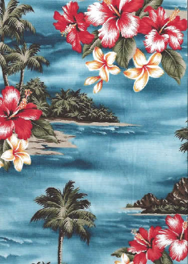 20mauna lepa Tropical Scenic Print; Hibiscus Flowers, palm trees & ocean views on a Hawaiian cotton broadcloth fabric.