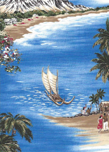 20nanaina Tropical Hawaiian scenic ocean fabric with hula, palm trees, and boats,, cotton apparel fabric.