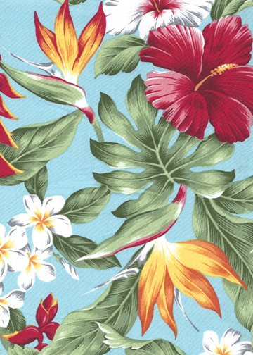 20noke Tropical design, clustered bird of paradise, plumeria (frangipani), heliconia, hibiscus and leaves, all over design.