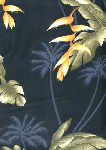 20nolu Tropical Hawaiian Tropical Hawaiian Palm Trees & Bird of Paradise on cotton rayon fabric.