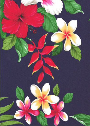 20'olo'olo Hibiscus, heliconia, plumeria, monstera fern and palm fronds on cotton apparel fabric.
