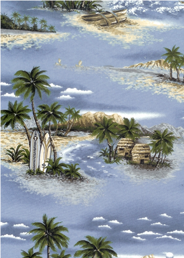 20one Tropical Hawaiian palm trees, hula huts, surfboards, cotton apparel fabric.
