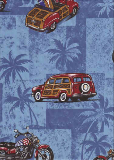 20pihi Tropical Hawaiian cotton apparel fabric with trucks, motorcycles & surfboards.