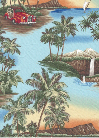 Scenic islands with views of Diamond Head, woody cars, hula girl playing an ukulele, palm trees, waterfalls, ferns, and a canoe.