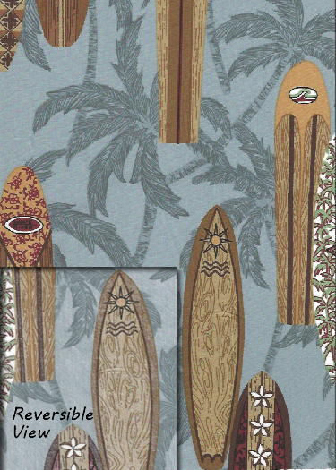 20surfsup Tropical Hawaiian Vintage surfboards, palmtrees, on a slate blue cotton apparel fabric.