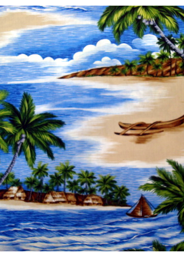 20Uakea - Barkcloth Hawaii Fabrics - Vintage Style Hawaiian Fabrics
 Tropical Hawaiian scenic print ona cotton poplin apparel fabric.
.