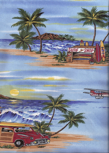 20wala Diamond Head, airplanes, ships, fruit stand apparel cotton, Tropical Botanical Vintage Hawaiian Fabric Hawaiian vintage style fabric.