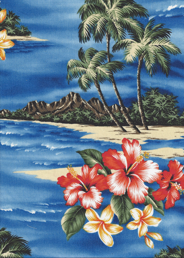 21mauna lepa Tropical Scenic Print; Hibiscus Flowers, palm trees & ocean views on a Hawaiian cotton broadcloth fabric.