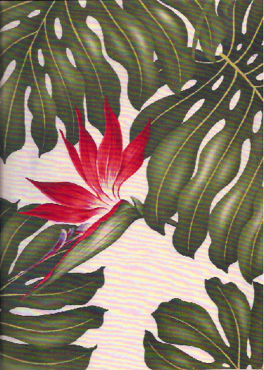 Vintage Style Hawaiian Fabrics
 Tropical Botanical Vintage Hawaiian Barkcloth Fabric -  bird of paradise flowers,& monstera leaves on a cotton apparel fabric.