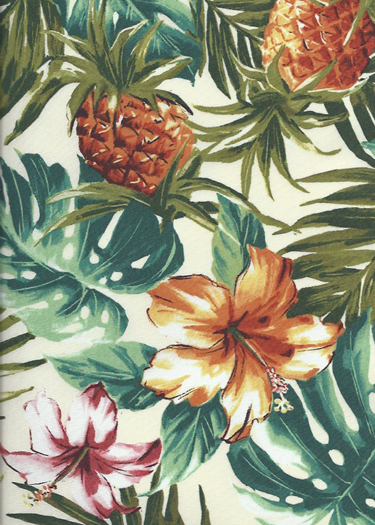 Hala Kea Cotton Apparel Fabric   - Barkcloth Hawaii Fabrics - Vintage Style Hawaiian Fabrics
         A Pineapple motif fabric pattern.