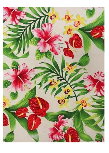 Barkcloth Hawaii Fabrics - Vintage Style Hawaiian Fabrics Tropical Botanical Vintage Hawaiian Barkcloth Fabric - 
			   orchid, plumeria, anthurium and hibiscus flowers, on a cotton apparel 
				fabric.