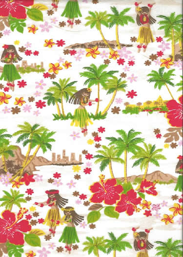 30hula Vintage Style Hawaiian Fabrics Tropical fabric - Hula girls, palm trees and hibiscus flowers.