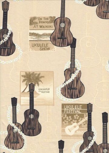 30Kanoa - Barkcloth Hawaii Fabrics - Vintage Style Hawaiian Fabric Ukulele, leis, palm trees., cotton apparel fabric.