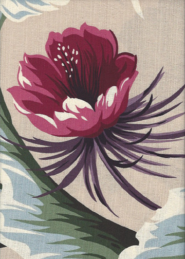 30kapalua Tropical Botanical Vintage Hawaiian Fabric night blooming cereus flowers with banana leaves -  non-upholstery cotton barkcloth fabric.
