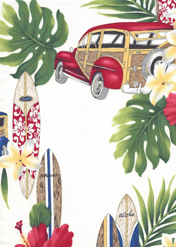 30koma hua Tropical Hawaiian fabrics - woodie cars, surf boards and hibiscus flowers apparel fabric.