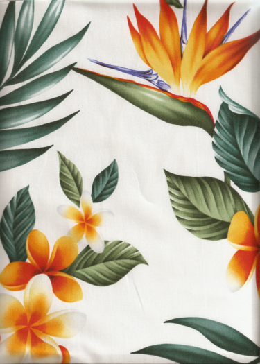 30kupa Tropical Botanical Vintage Hawaiian Fabric - Cotton poplin, 44/45 inch Wide, Brightly colored bird of paradise, plumeria (frangipani), palm fronds and leaves.