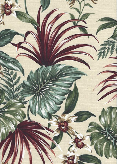 30mamaka Tropical Botanical Vintage Hawaiian Fabric Hawaiian Palm Fronds & Orchid flowers cotton barkcloth fabric.