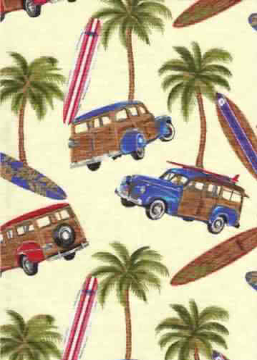 30muku Tropical Hawaiian apparel cotton, palm trees, woodies, surfboards.