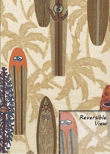 30surfsup Tropical Hawaiian Vintage surfboards, palmtrees, on a natural cotton apparel fabric.
