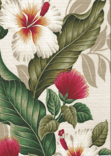 30umeke Tropical Botanical Vintage Hawaiian Fabric Hawaiian Panel. Realistically rendered hibiscus and lehua flowers, ferns and leaves.  - cotton barkcloth fabric, Hawaiian vintage style fabric.