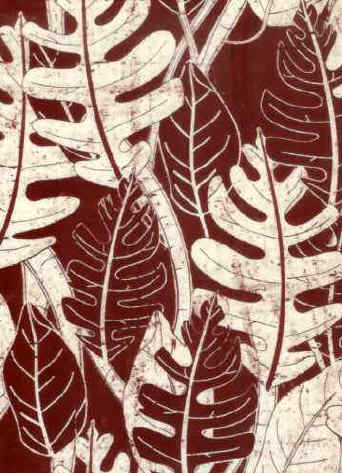 40batik Tropical Botanical Vintage Hawaiian Barkcloth Fabric -  leafy screen-printed batik, cotton apparel fabric.