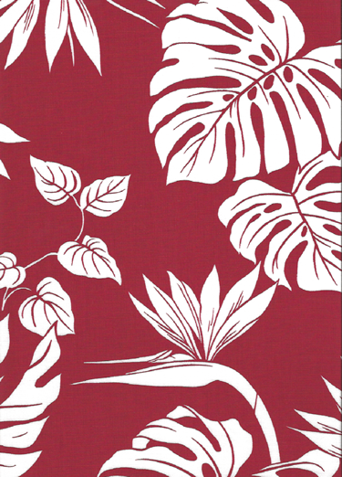 40bird monstera
 - Red Tropical Botanical Vintage Hawaiian Barkcloth Fabric -  leafy reversible cotton apparel fabric with monstera
 leaves and birds of paradise flowers.