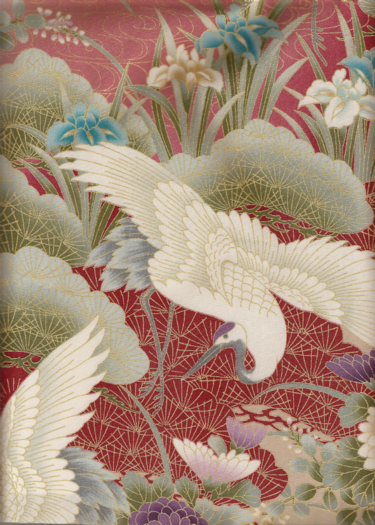 Gold-lined cranes, chrysanthemums, sakura (cherry blossoms), leaves, Japanese yew trees and leaves.