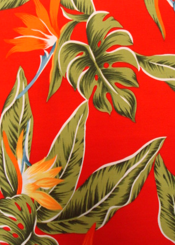 40Hana Lima - Hana Lima - Barkcloth Hawaii Fabrics - Vintage Style Hawaiian Botanical fabric with Bird of Paradise flowers and naholo
 leaves on a cotton poplin apparel fabric.