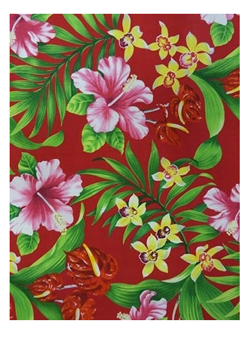 Barkcloth Hawaii Fabrics - Vintage Style Hawaiian Fabrics Tropical Botanical Vintage Hawaiian Barkcloth Fabric - 
			   orchid, plumeria, anthurium and hibiscus flowers, on a cotton apparel fabric.
