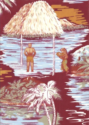 40hiapo  Tropical Hawaiian hula, landscape, apparel rayon, Hawaiian vintage style fabric.