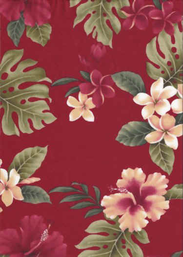 40lepea Tropical Hawaiian Hibiscus with red & white plumeria flowers, cotton non-upholstery barkcloth fabric..