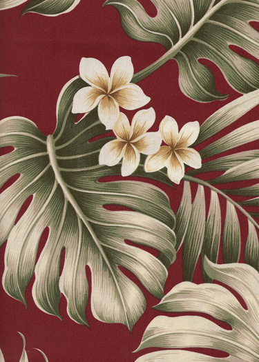  Tropical Botanical Vintage Hawaiian Fabric.
			Cotton Poplin, 44/45 inch Wide, All-Over. naholo
 and palm fronds with plumeria flowers