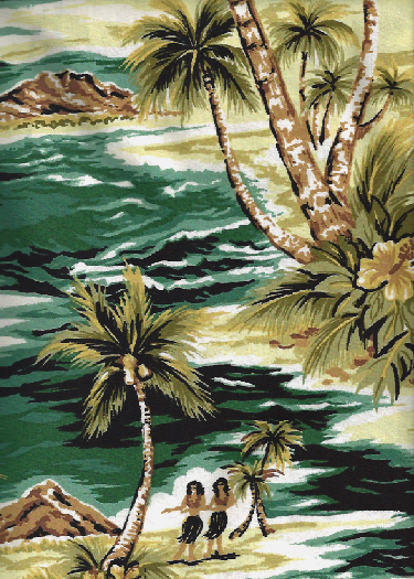 50 isles Tropical Hawaiian Vintage Hula Girls, Diamond Head, palm trees, scenic print - on a cotton Hawaiian apparel fabric.