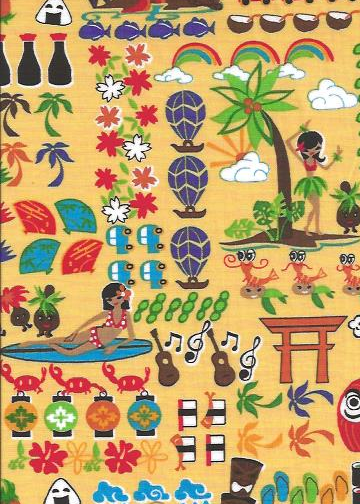 50nakeke Barkcloth Hawaii Fabrics - Vintage Style Hawaiian Fabrics Hula 
		Girls and other fun characters on cotton poplin apparel fabric.