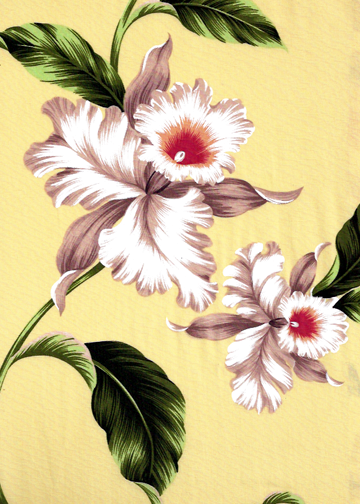 50okika - Barkcloth Hawaii Fabrics - Tropical Botanical Vintage Hawaiian Fabric with Orchid flowers on apparel cotton..
