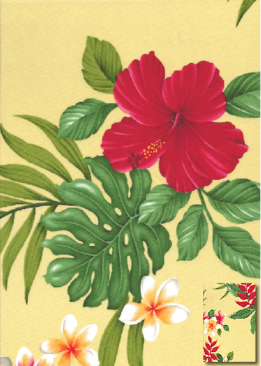 50'olo'olo Hibiscus, heliconia, plumeria, monstera fern and palm fronds on cotton apparel fabric.