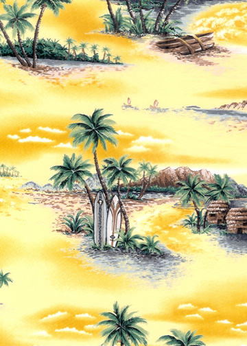 50one Tropical Hawaiian palm trees, hula huts, surfboards, cotton apparel fabric.