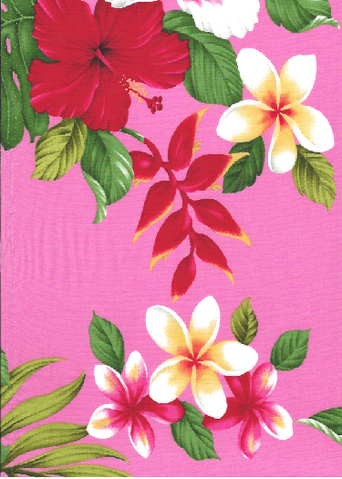 60'olo'olo Hibiscus, heliconia, plumeria, monstera fern and palm fronds on cotton apparel fabric.