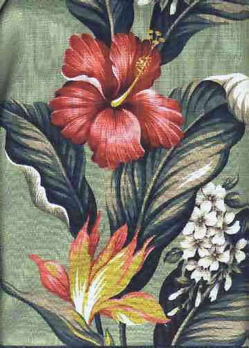 70hibiscus a Tropical Botanical Vintage Hawaiian Fabric - cotton non-upholstery barkcloth fabric with hibiscus and bird of paradise flowers.