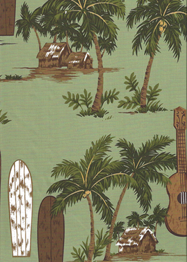 70island life - Surfboards, ukulele, palm trees, and hula huts on a cotton reversible sage apparel fabric.