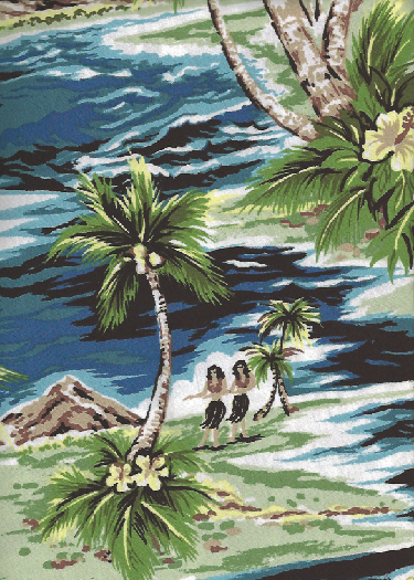 70isles Tropical Hawaiian Vintage Hula Girls, Diamond Head, palm trees, scenic print - on a cotton Hawaiian apparel fabric.