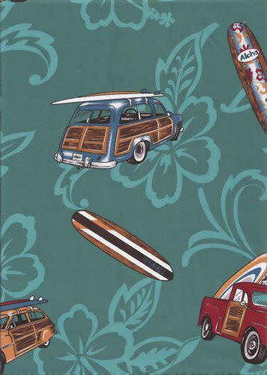 70kani Woodies, trucks, surfboards, hibiscus, vintage, cotton apparel fabric.